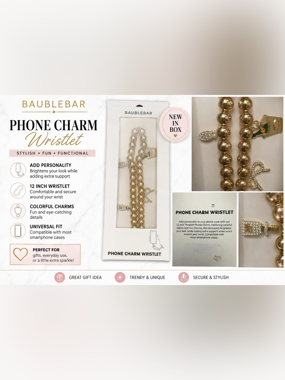 NIB BaubleBar Gold Beaded Phone Charm Wristlet Champagne Rhinestone Bow